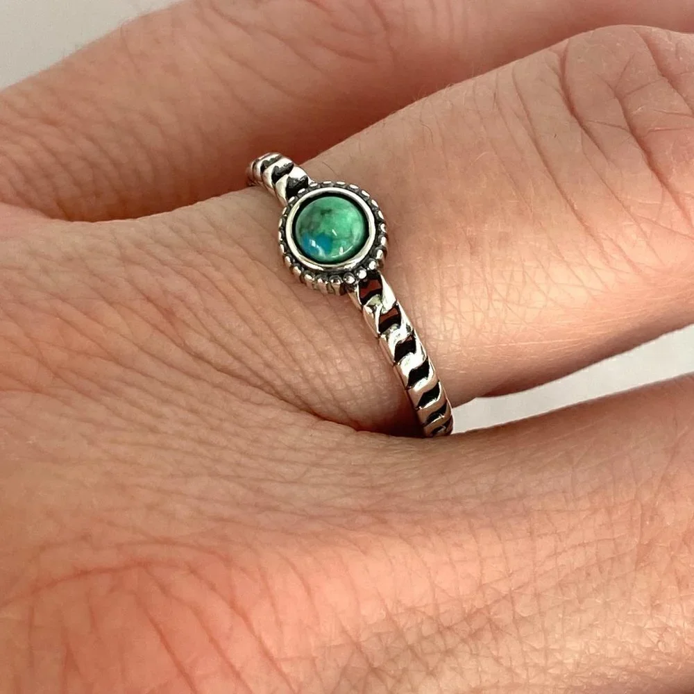 Sterling Silver 925 Dainty Minimalist Round Turquoise Twisted Band Ring Sz 5.25